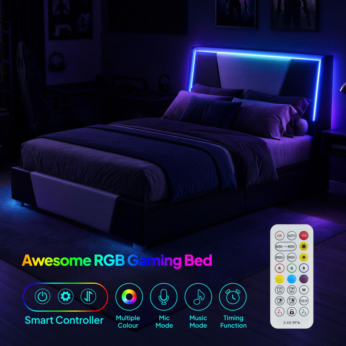 Full Size Bed Frame with Led Lights and 4 Storage Drawers X23716