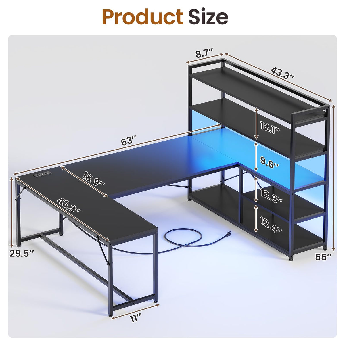 Black L Shaped Gaming Desk with Power Outlet and Storage Shelves F1368