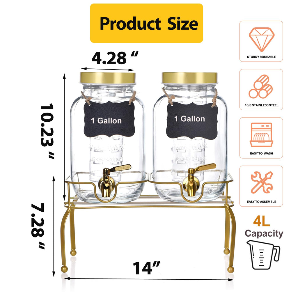 1 Gallon Glass Drink Dispenser Set of 2 with Stand Q4298