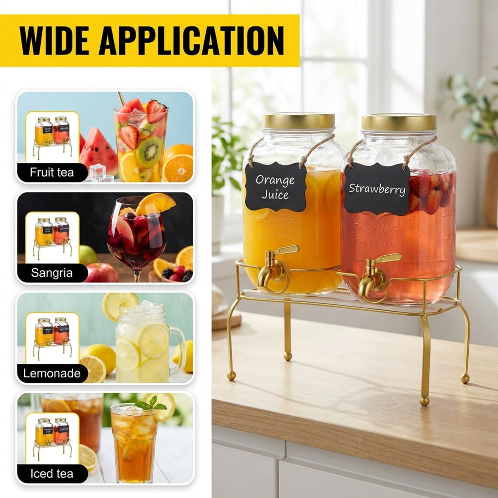 1 Gallon Glass Drink Dispenser Set of 2 with Stand Q4298