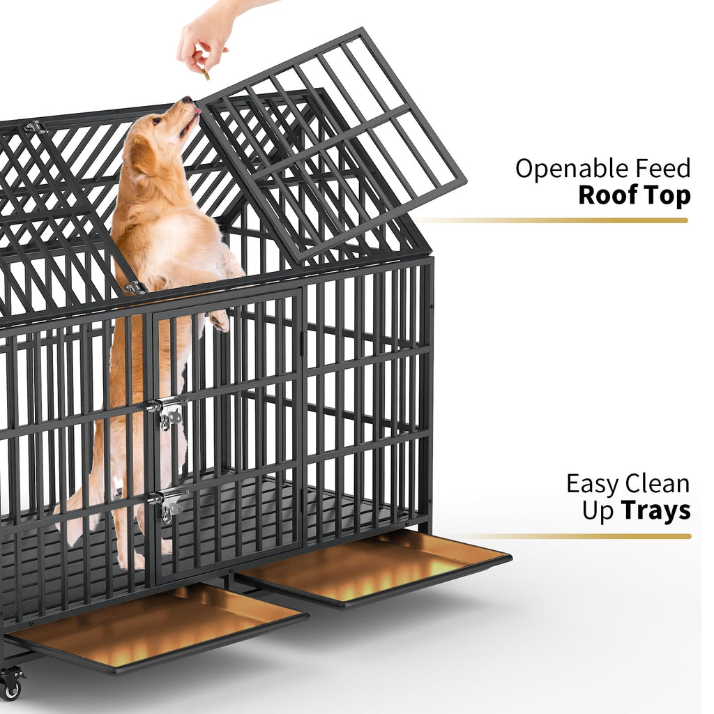 52 Inch Heavy Duty XXL Dog Crate with Open Roof Top, Trays and Wheels O5423