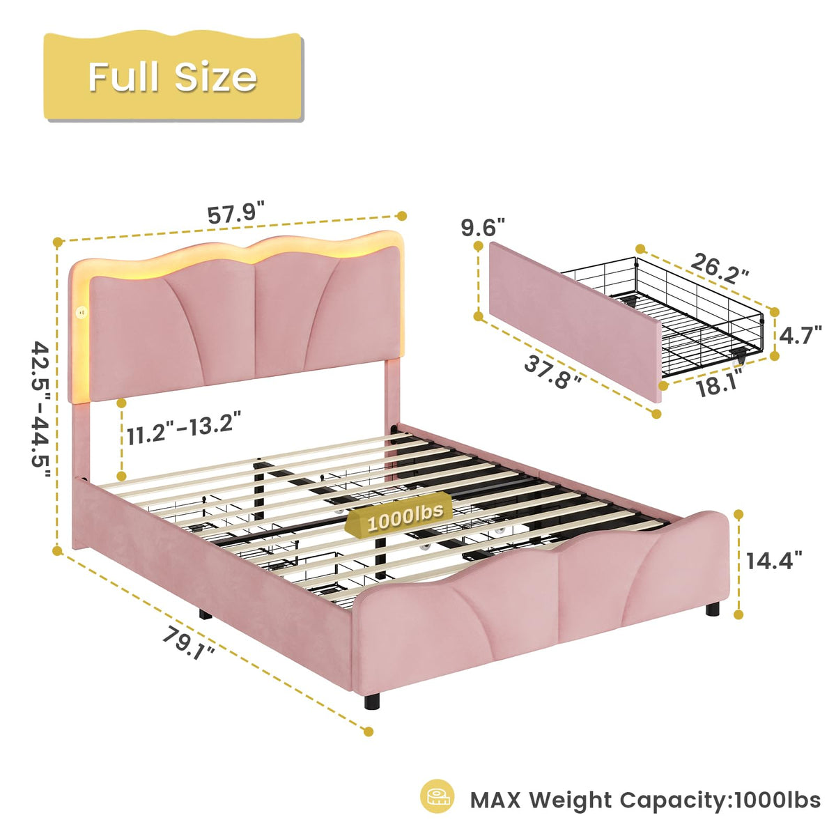 Pink Velvet Upholstered Platform Bed Frame with 4 Storage Drawers M627
