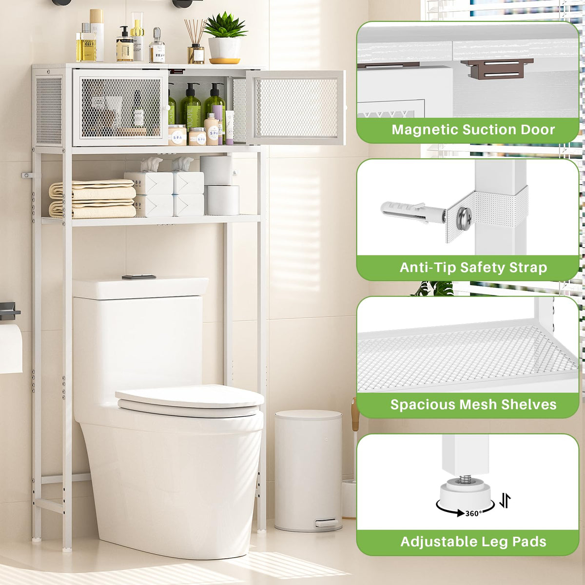 Over the Toilet Storage Cabinet with Doors, White Metal Shelves M1571