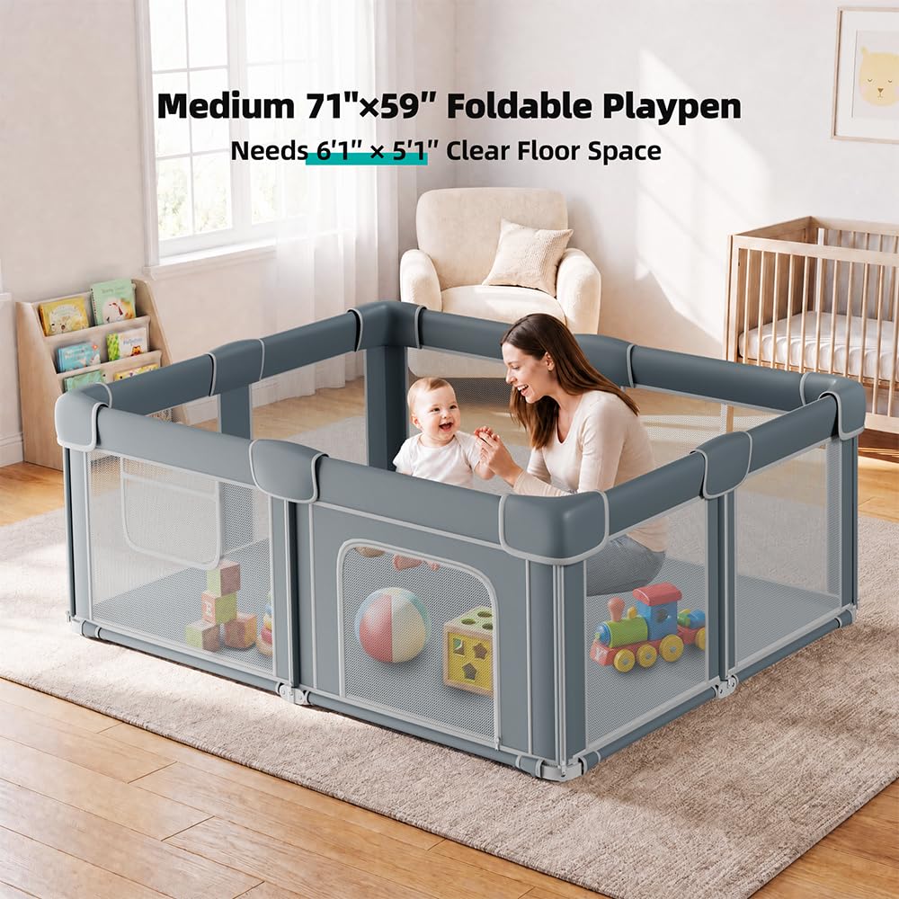Foldable Baby Playpen with Mat, 71x59 Inches, Grey T63192