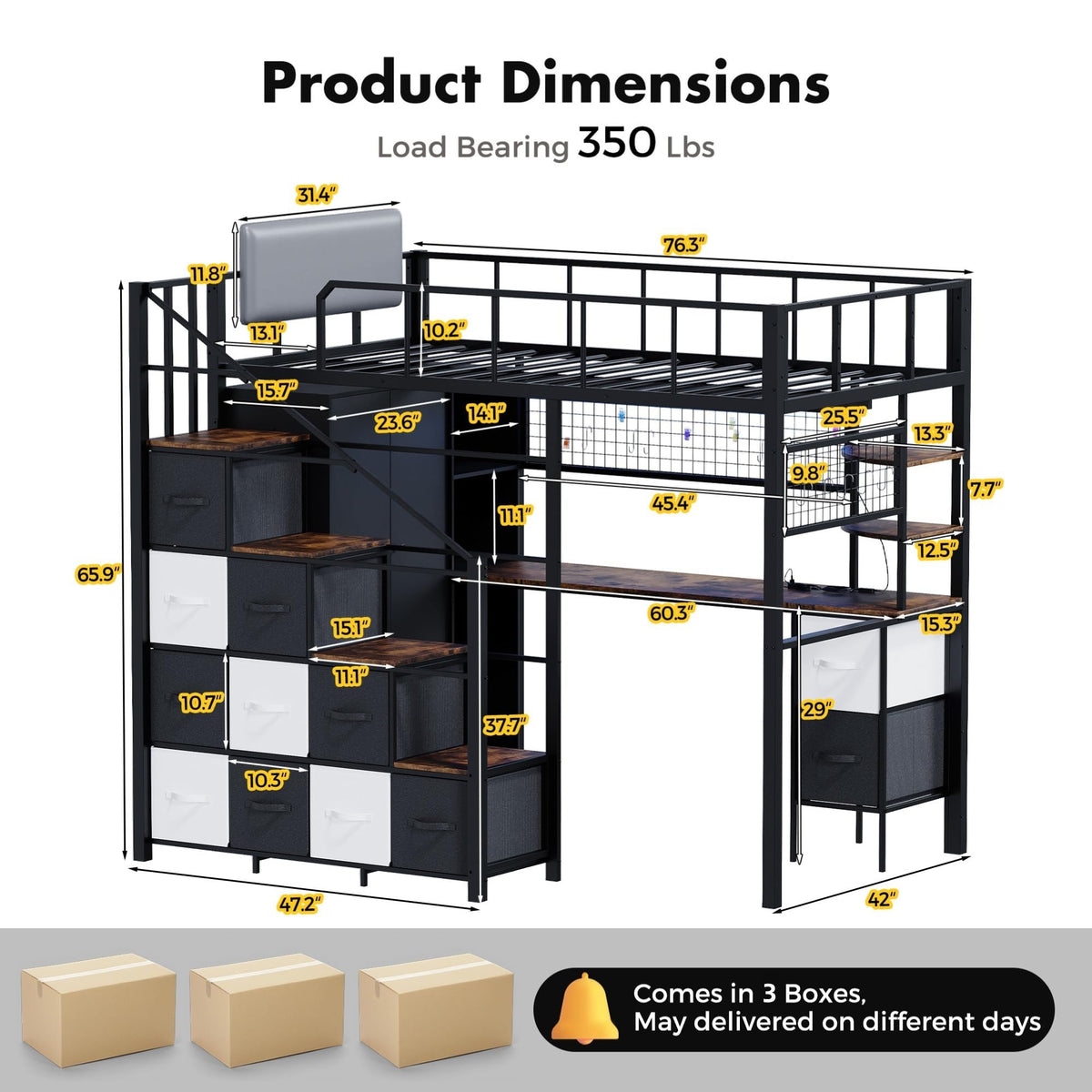 Twin Size Metal Loft Bed with Desk, Stairs, LED Light, Headboard, Guardrail, Charging Station, Closet and Fabric Drawers, Black & Burnt Wood P3210