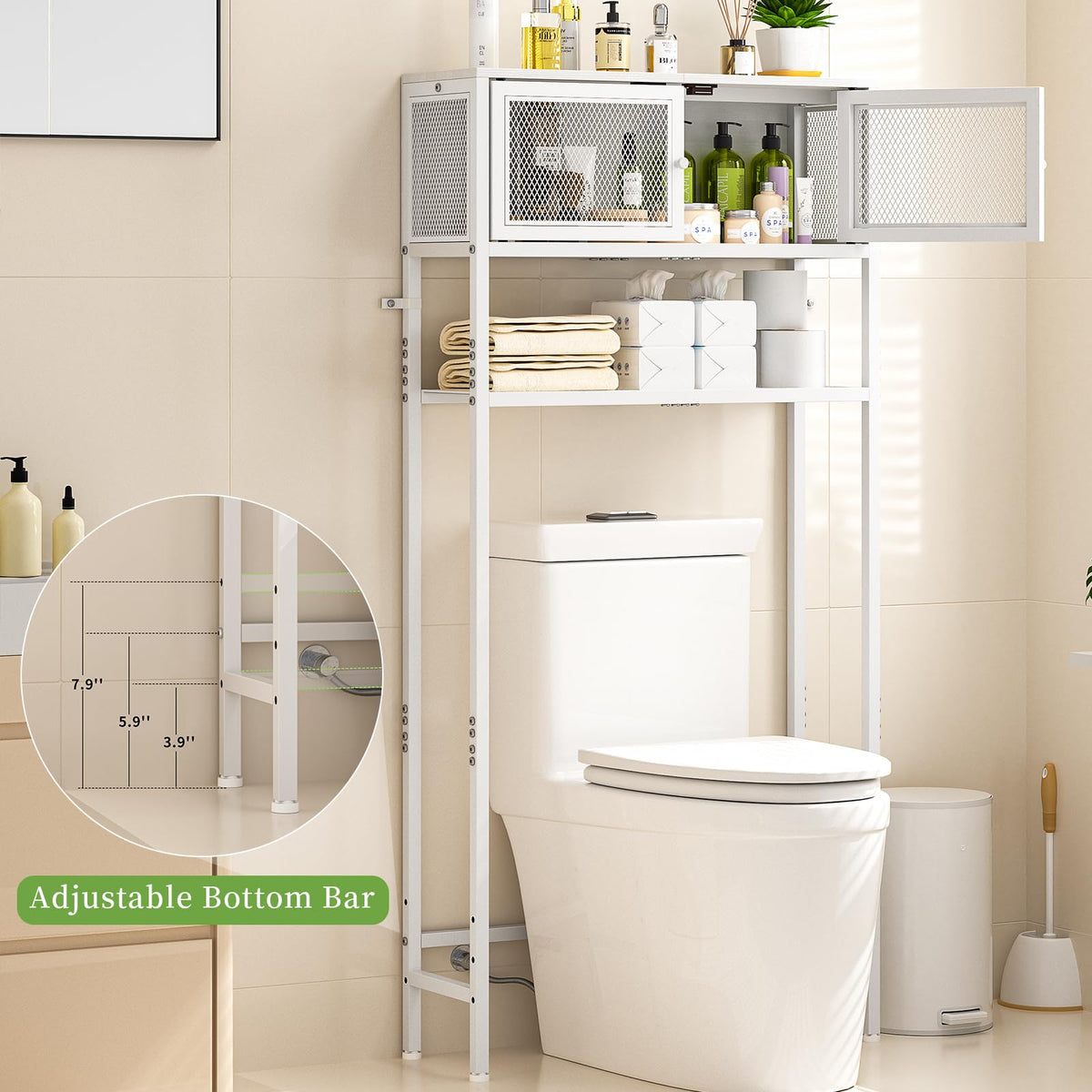 Over the Toilet Storage Cabinet with Doors, White Metal Shelves M1571