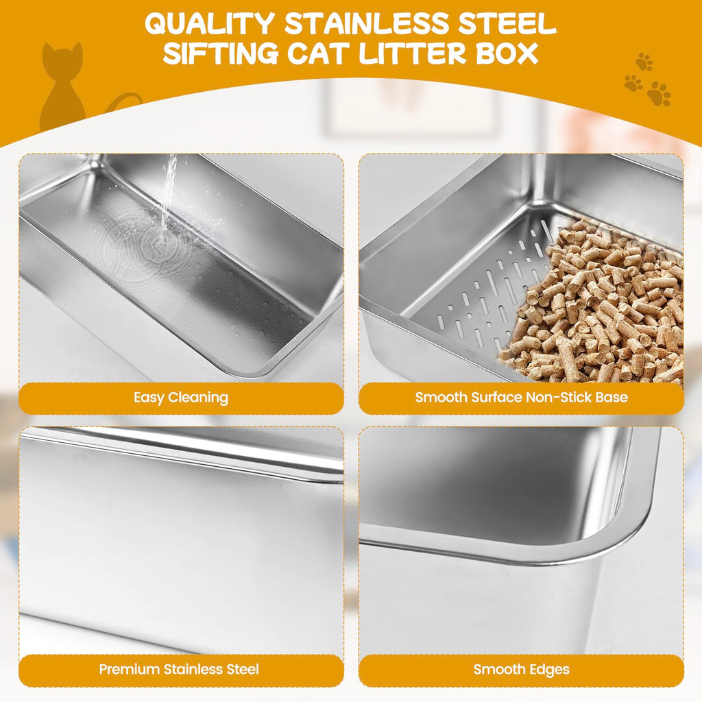 Stainless Steel Sifting Cat Litter Box with Scoop and Pee Pad C487156