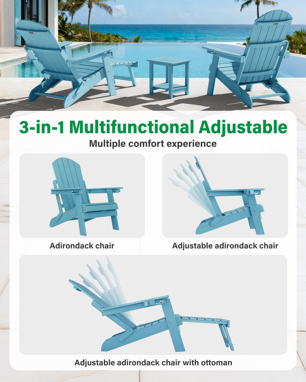 Blue Set of 2 Adirondack Chair with Footrest Z858