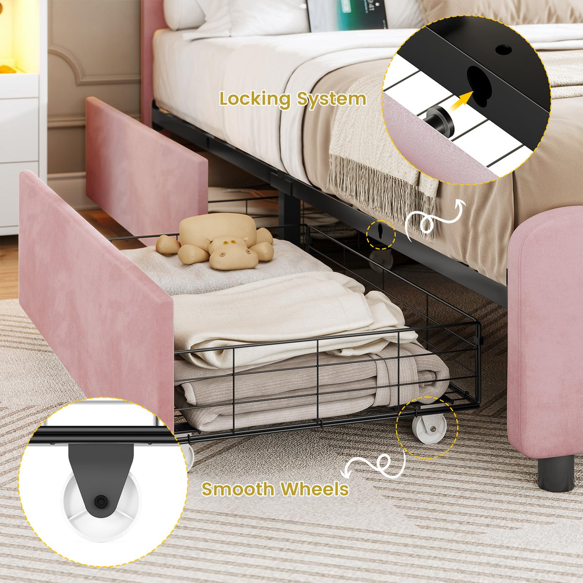 Pink Velvet Upholstered Platform Bed Frame with 4 Storage Drawers M627