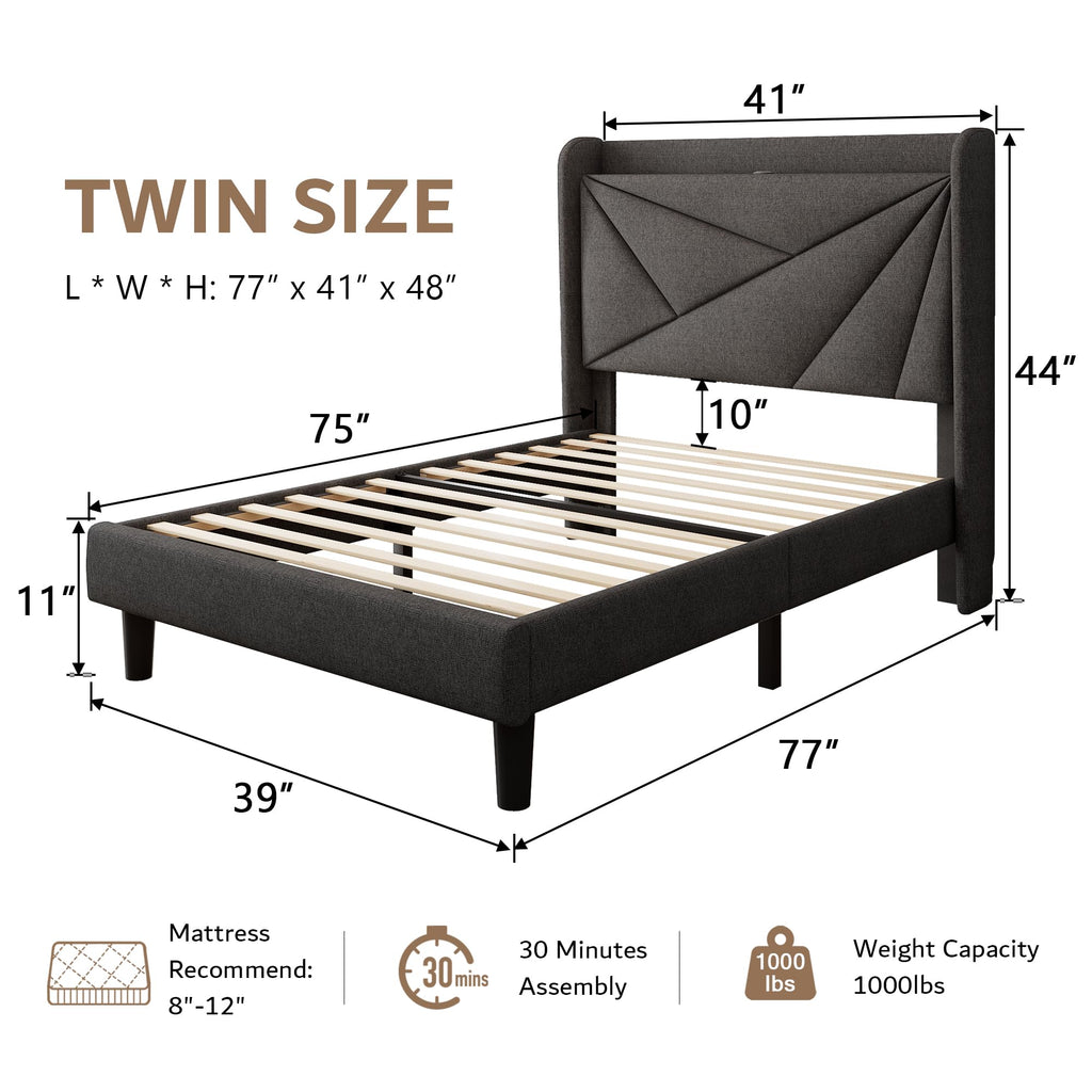 Twin Size Linen Platform Bed Frame with Wingback Upholstered Headboard E3702