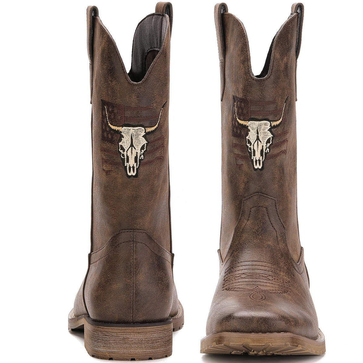 Vintage Distressed Brown Square Toe Mid-Calf Cowboy Boots I3230