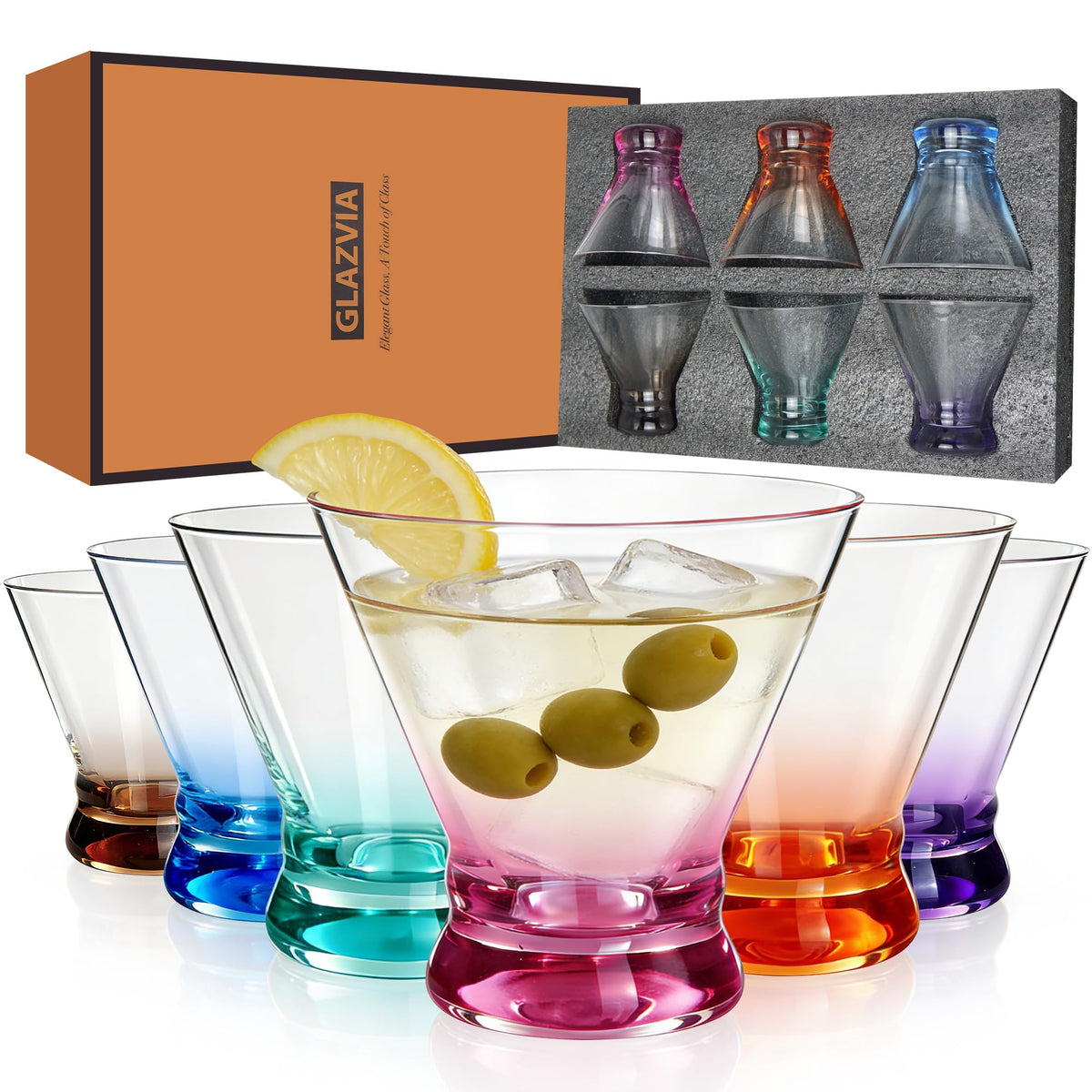 Multi Colored Stemless Martini Glasses Set of 6 B880
