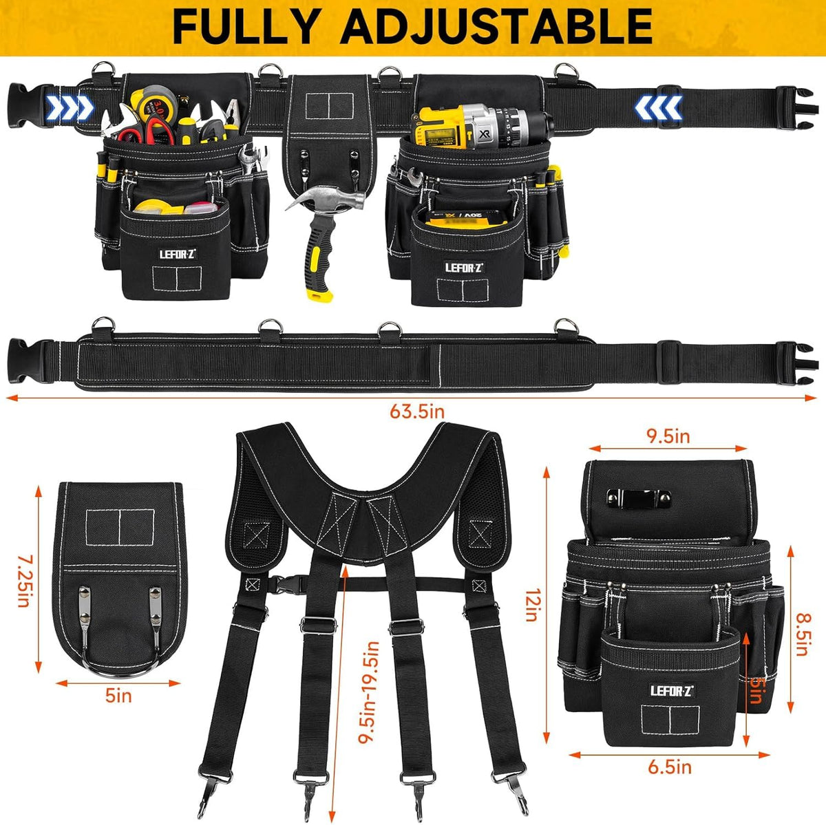 27-Pockets Heavy Duty Tool Belt with Suspenders K16014