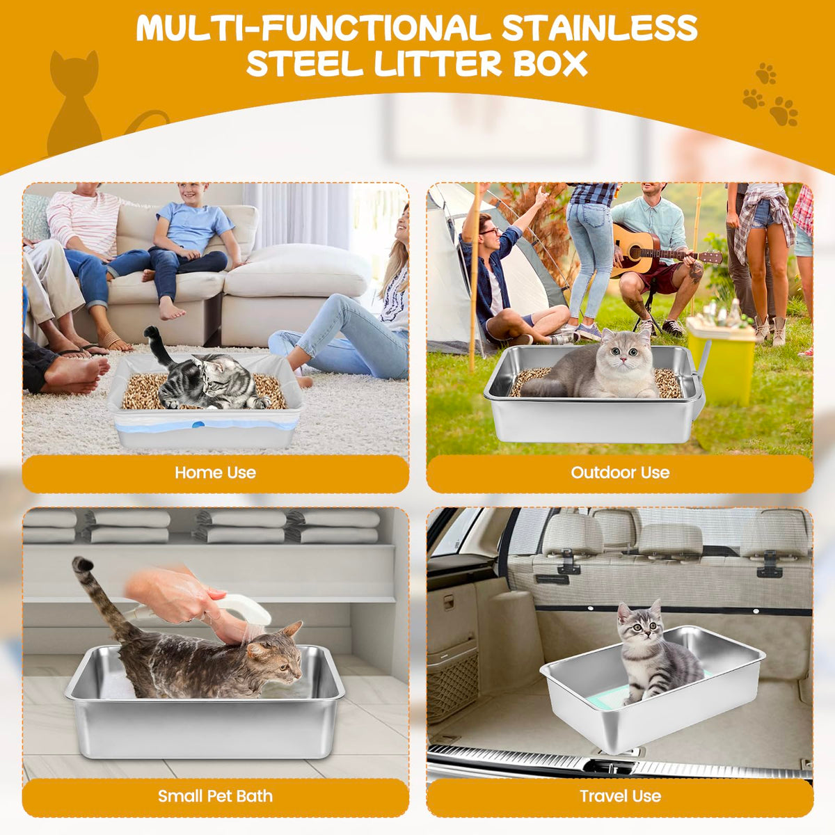 Stainless Steel Sifting Cat Litter Box with Scoop and Pee Pad C487156