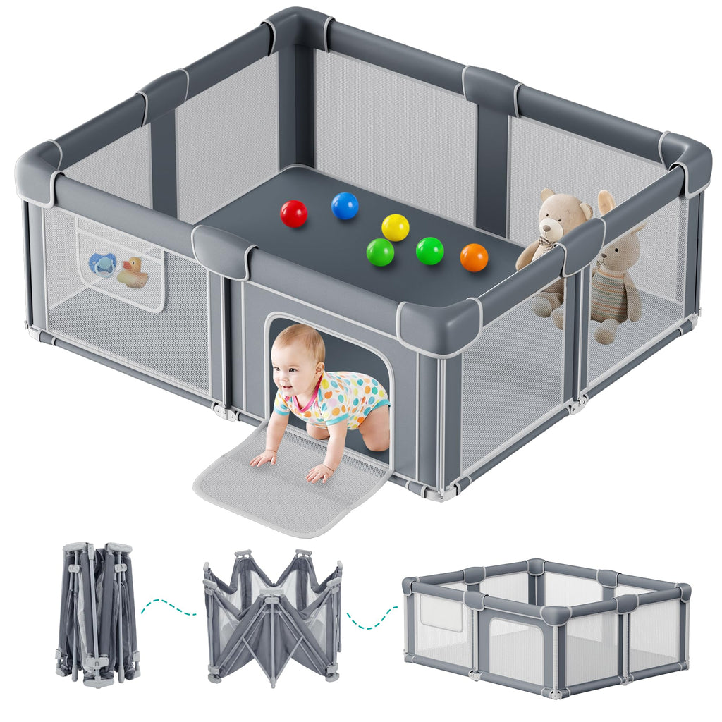 Foldable Baby Playpen with Mat, 71x59 Inches, Grey T63192
