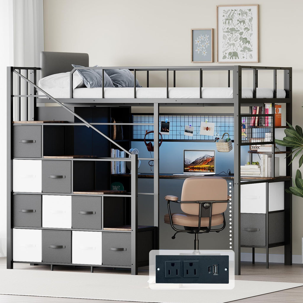 Twin Size Metal Loft Bed with Desk, Stairs, LED Light, Headboard, Guardrail, Charging Station, Closet and Fabric Drawers, Black & Burnt Wood P3210