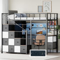 Twin Size Metal Loft Bed with Desk, Stairs, LED Light, Headboard, Guardrail, Charging Station, Closet and Fabric Drawers, Black & Burnt Wood P3210