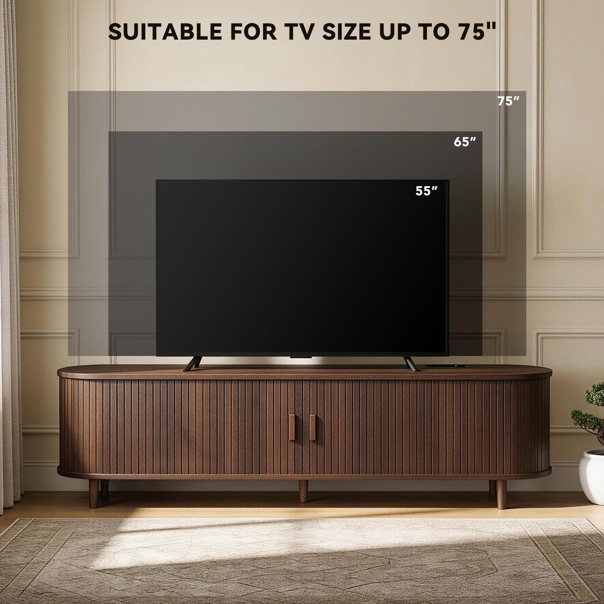 65" Walnut Wood TV Stand with Power Outlet and Sliding Doors B5969