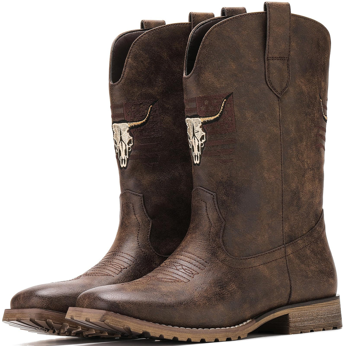 Vintage Distressed Brown Square Toe Mid-Calf Cowboy Boots I3230