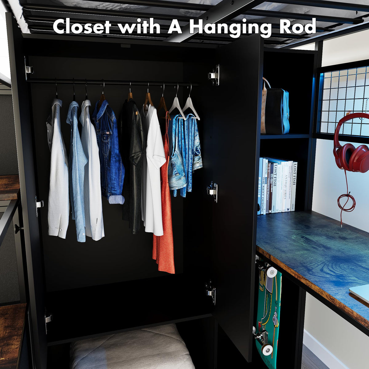 Twin Size Metal Loft Bed with Desk, Stairs, LED Light, Headboard, Guardrail, Charging Station, Closet and Fabric Drawers, Black & Burnt Wood P3210