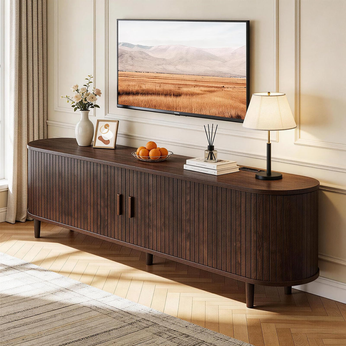 65" Walnut Wood TV Stand with Power Outlet and Sliding Doors B5969