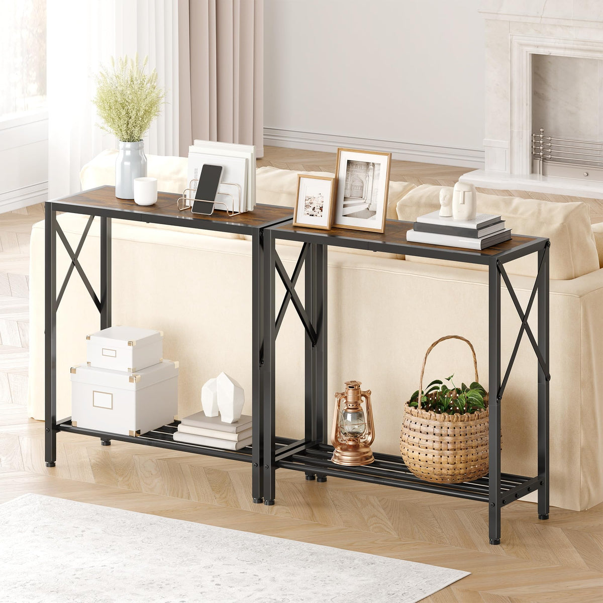 Console Table 2 Tier Narrow Rustic Brown E127