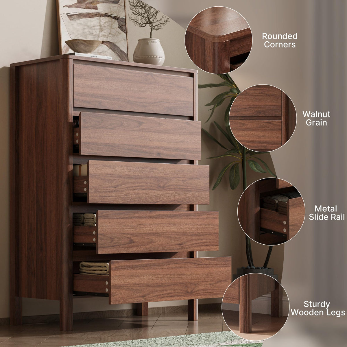 Walnut 5 Drawer Wood Dresser M530