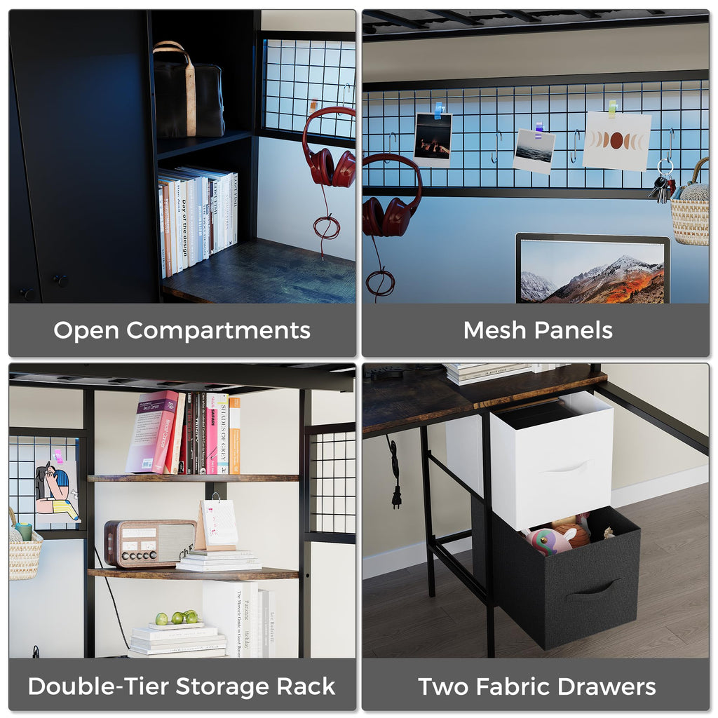 Twin Size Metal Loft Bed with Desk, Stairs, LED Light, Headboard, Guardrail, Charging Station, Closet and Fabric Drawers, Black & Burnt Wood P3210