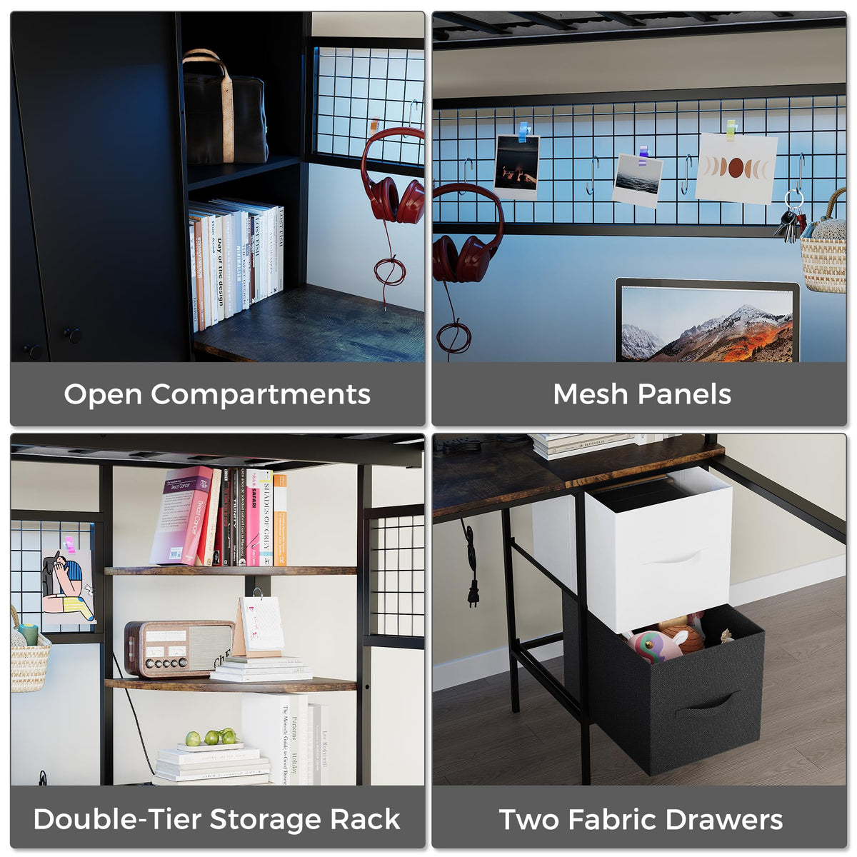 Twin Size Metal Loft Bed with Desk, Stairs, LED Light, Headboard, Guardrail, Charging Station, Closet and Fabric Drawers, Black & Burnt Wood P3210
