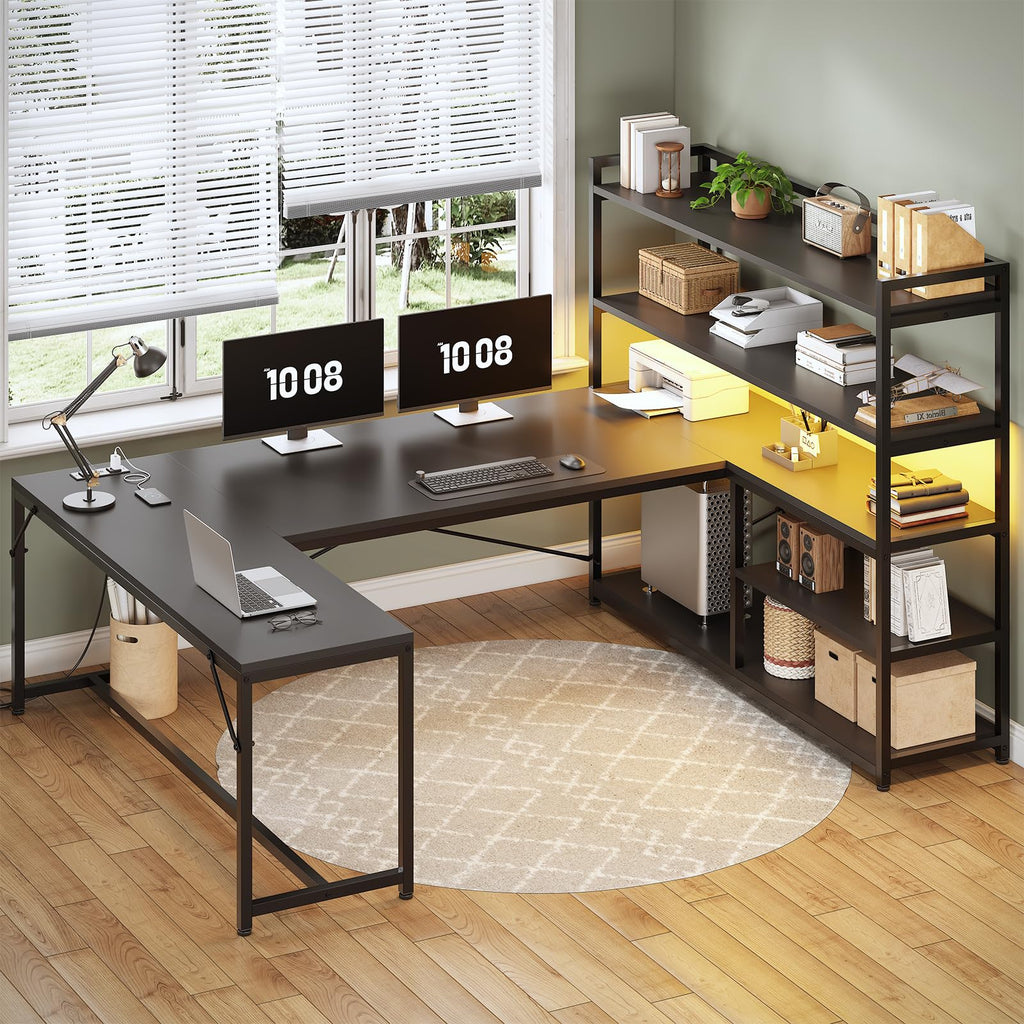 Black L Shaped Gaming Desk with Power Outlet and Storage Shelves F1368