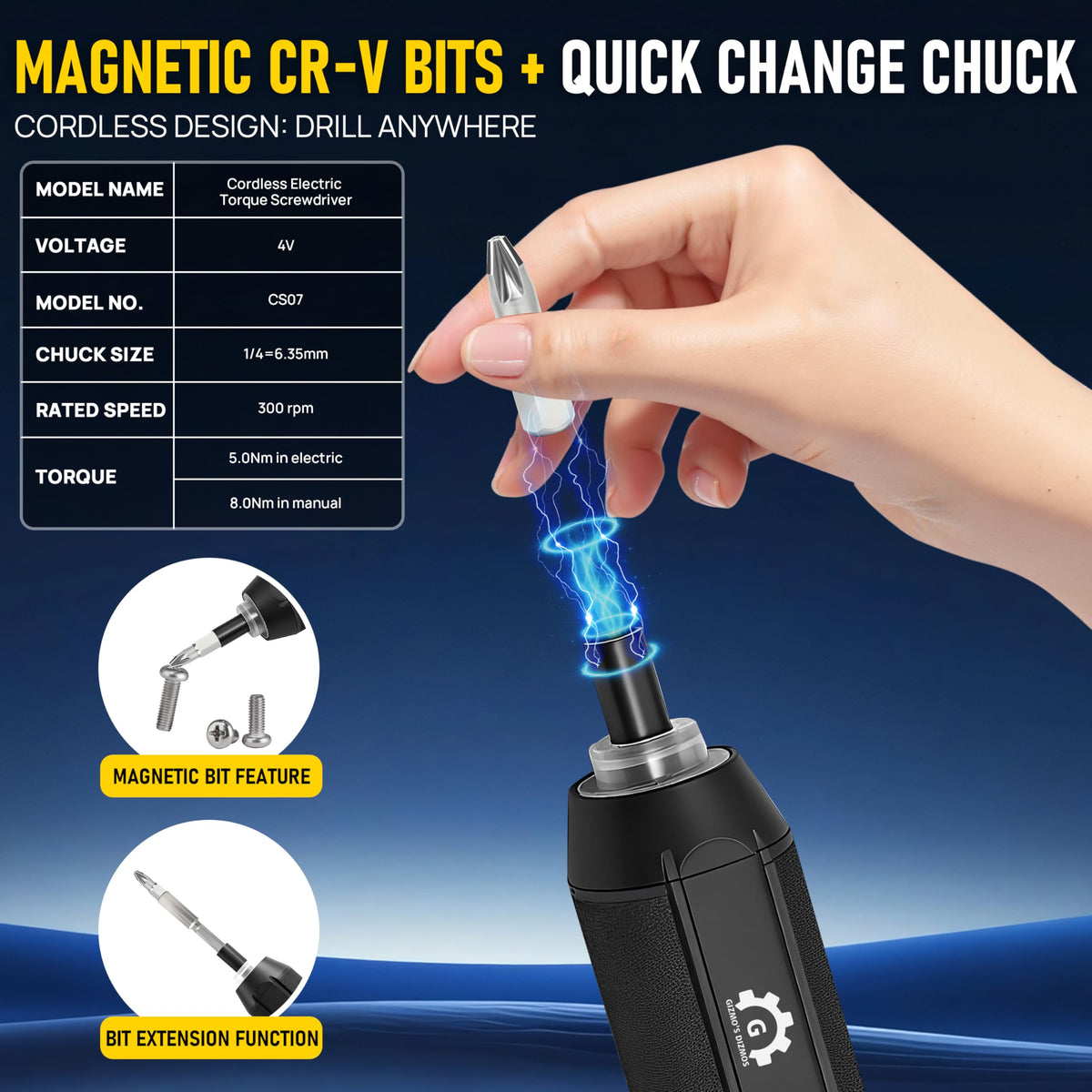 4V Electric Torque Screwdriver Set with 35 Magnetic Bits and Storage Box G60737