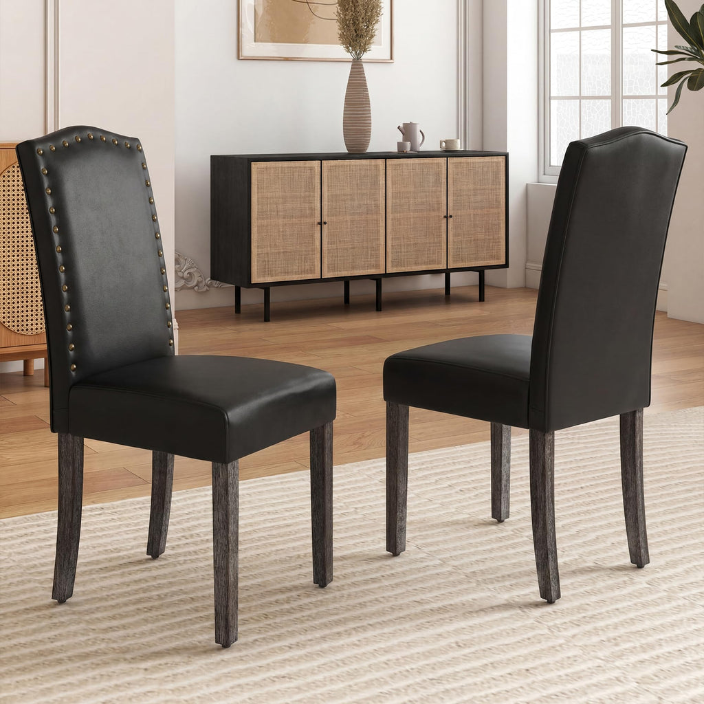 PU Dining Chair Set of 2 Upholstered with Copper Nails and Solid Wood Legs X87376