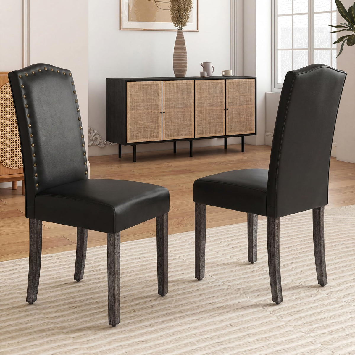 PU Dining Chair Set of 2 Upholstered with Copper Nails and Solid Wood Legs X87376