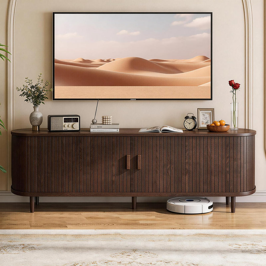 65" Walnut Wood TV Stand with Power Outlet and Sliding Doors B5969