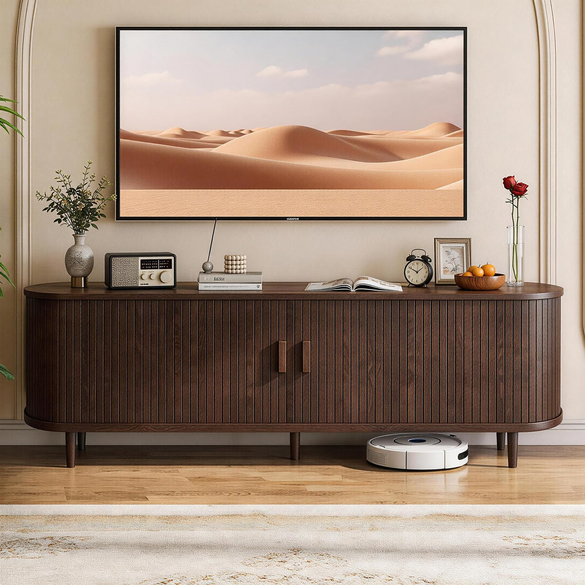 65" Walnut Wood TV Stand with Power Outlet and Sliding Doors B5969