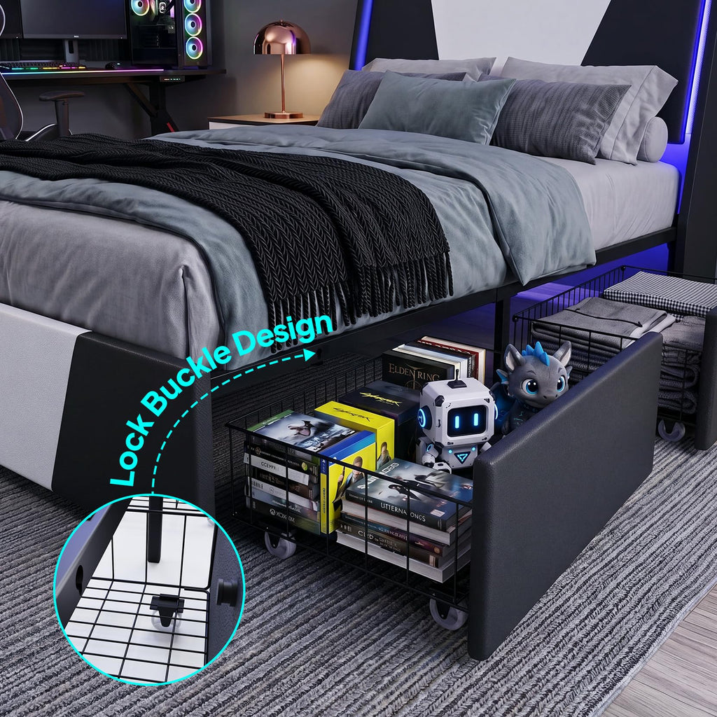 Full Size Bed Frame with Led Lights and 4 Storage Drawers X23716