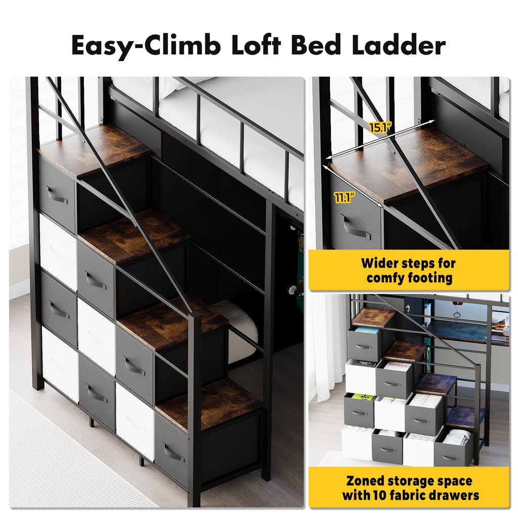 Twin Size Metal Loft Bed with Desk, Stairs, LED Light, Headboard, Guardrail, Charging Station, Closet and Fabric Drawers, Black & Burnt Wood P3210