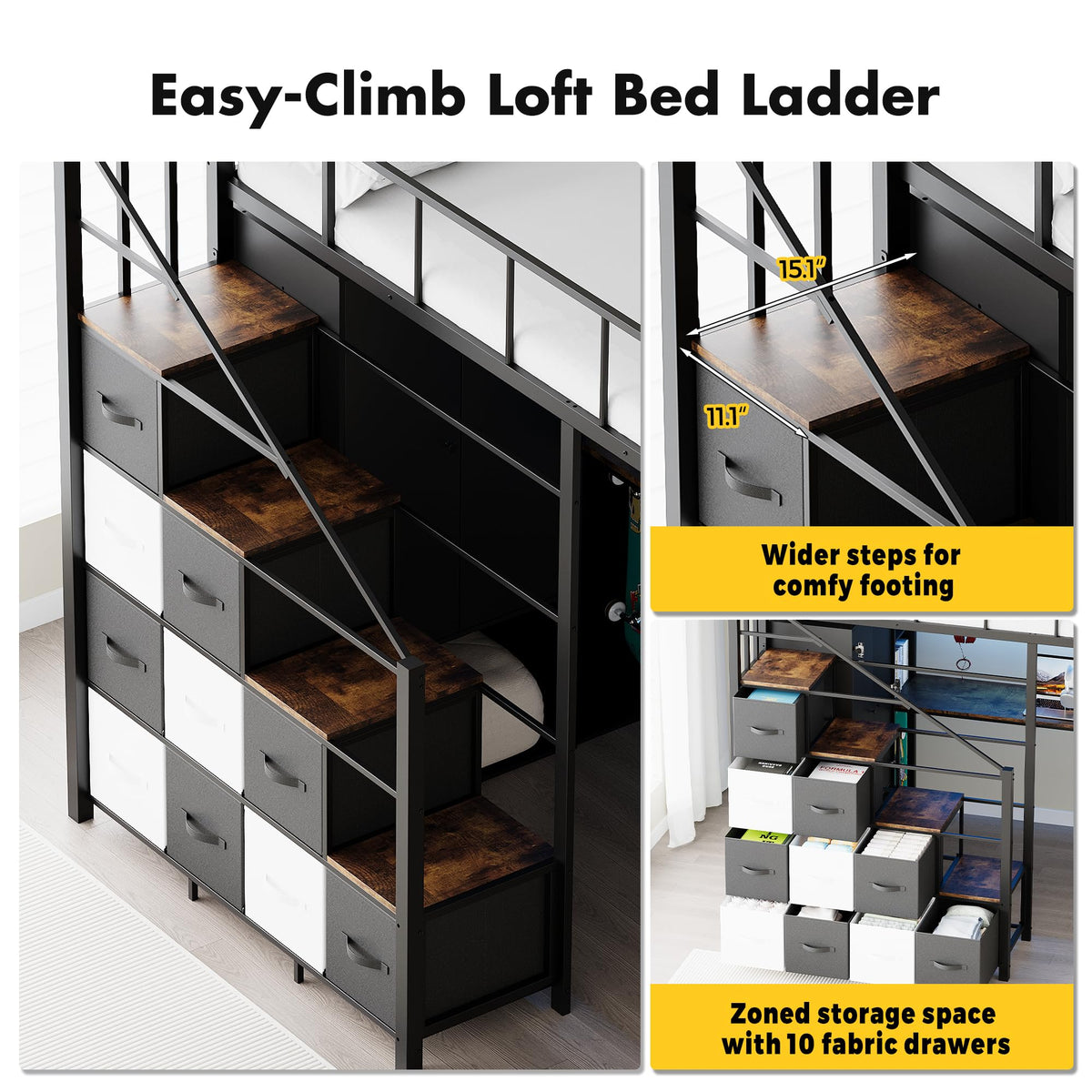 Twin Size Metal Loft Bed with Desk, Stairs, LED Light, Headboard, Guardrail, Charging Station, Closet and Fabric Drawers, Black & Burnt Wood P3210