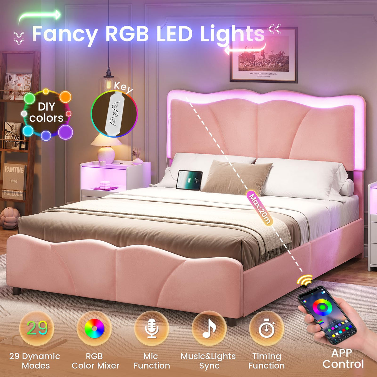 Pink Velvet Upholstered Platform Bed Frame with 4 Storage Drawers M627