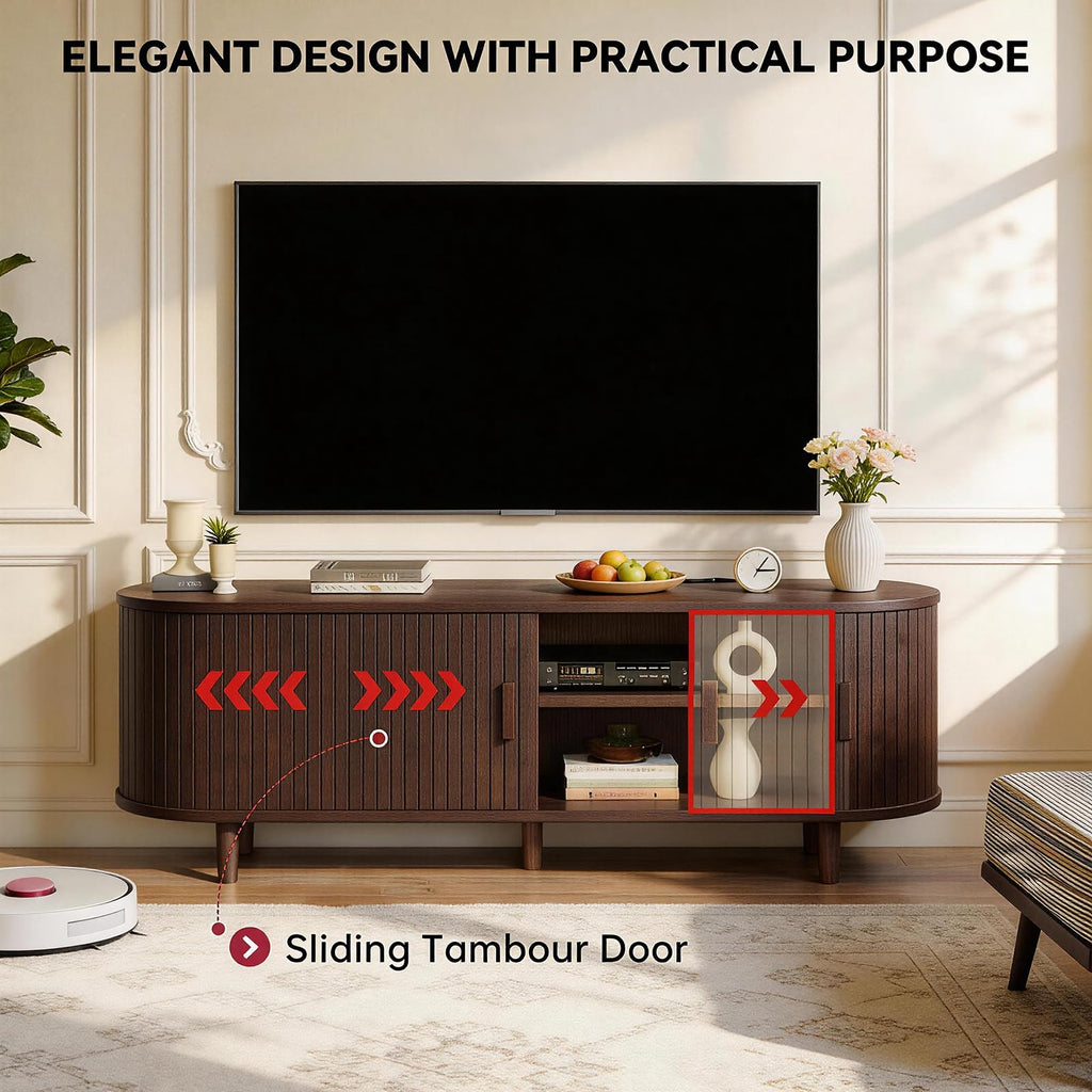 65" Walnut Wood TV Stand with Power Outlet and Sliding Doors B5969