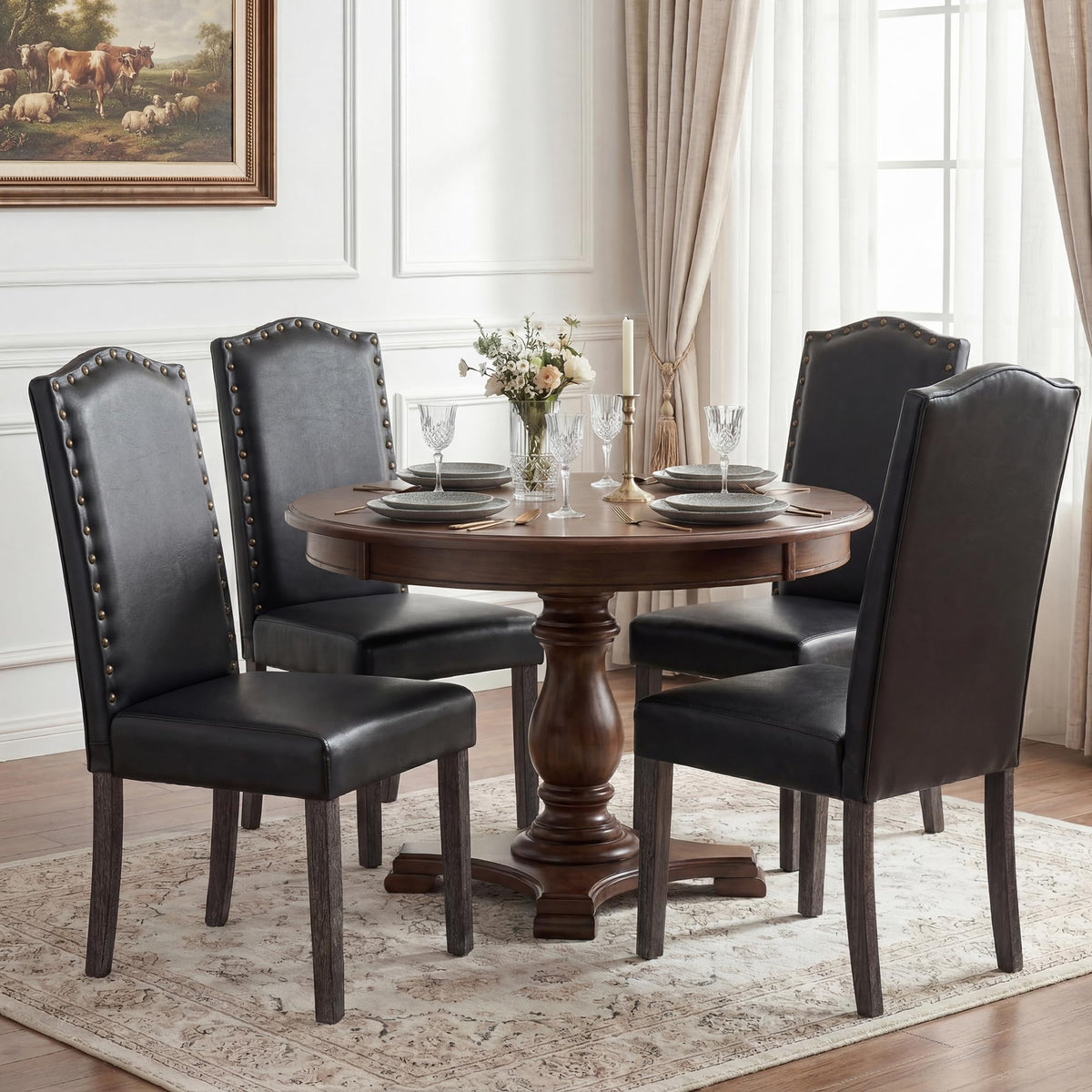 PU Dining Chair Set of 2 Upholstered with Copper Nails and Solid Wood Legs X87376