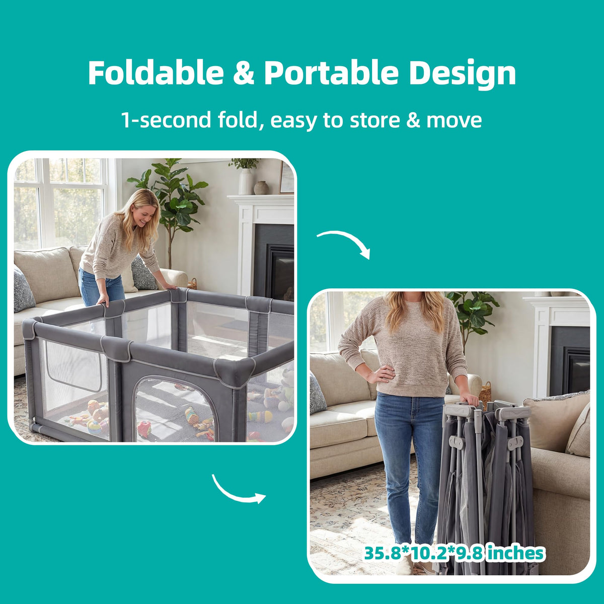 Foldable Baby Playpen with Mat, 71x59 Inches, Grey T63192