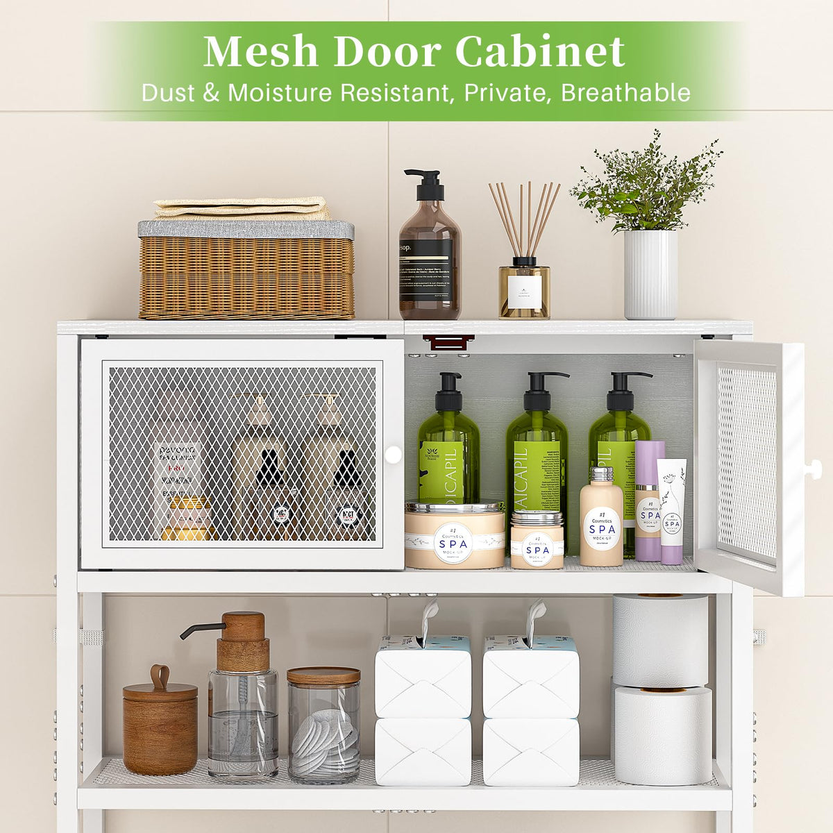 Over the Toilet Storage Cabinet with Doors, White Metal Shelves M1571