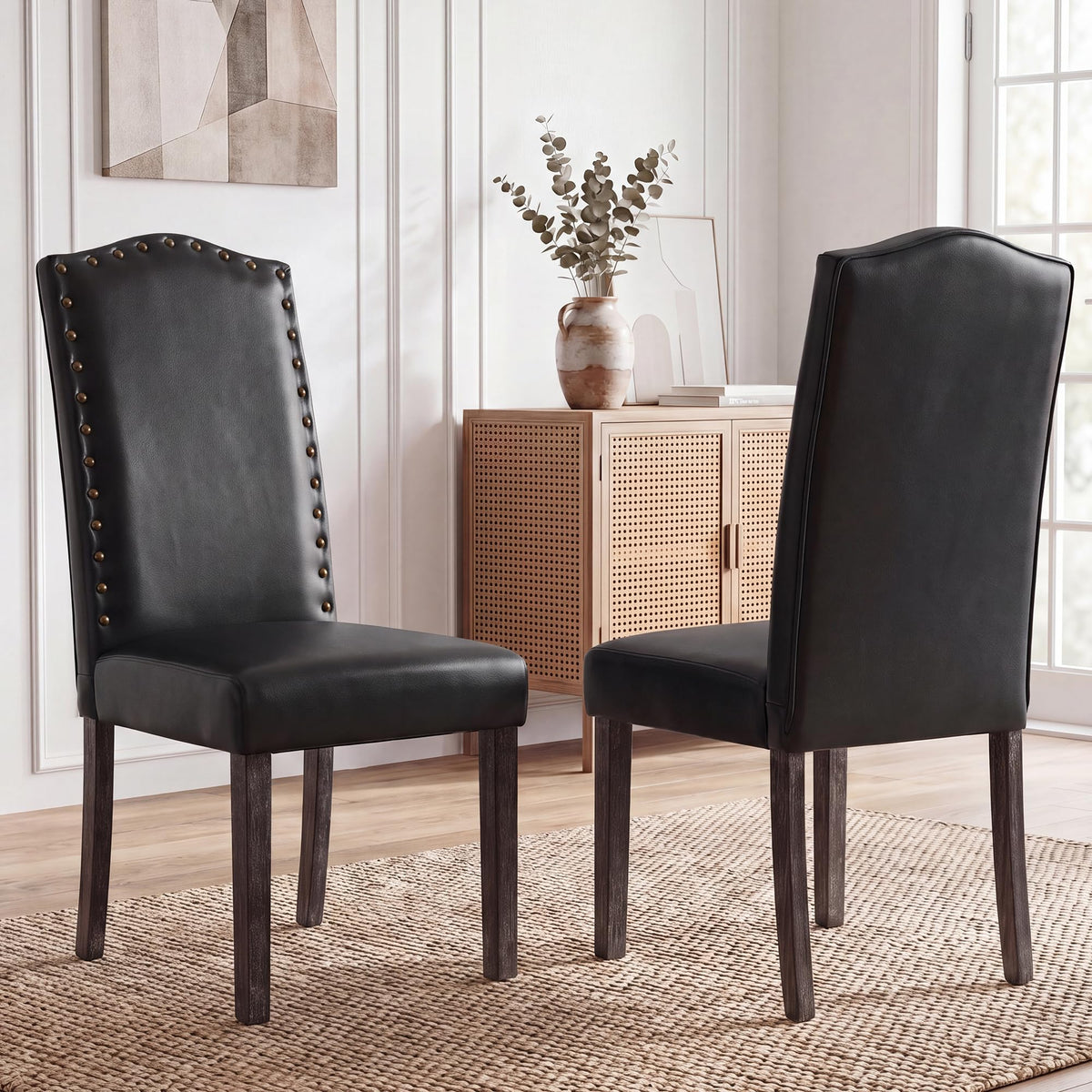 PU Dining Chair Set of 2 Upholstered with Copper Nails and Solid Wood Legs X87376