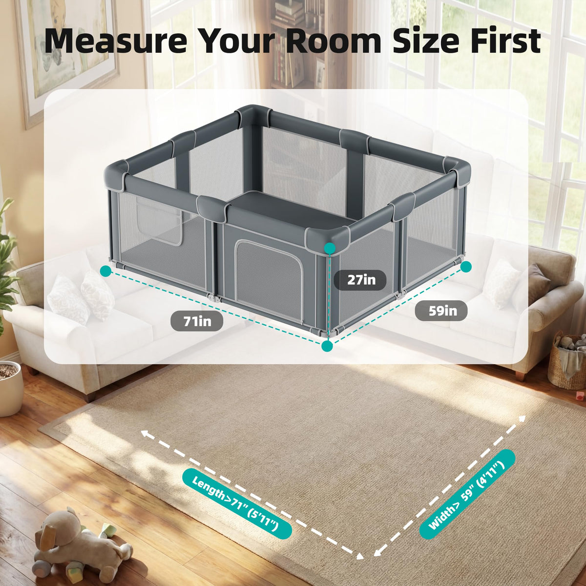 Foldable Baby Playpen with Mat, 71x59 Inches, Grey T63192