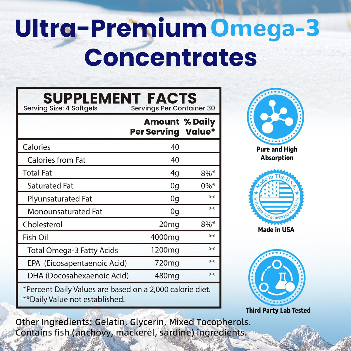Omega 3 Fish Oil 4000mg 120 Softgels EPA DHA K650829