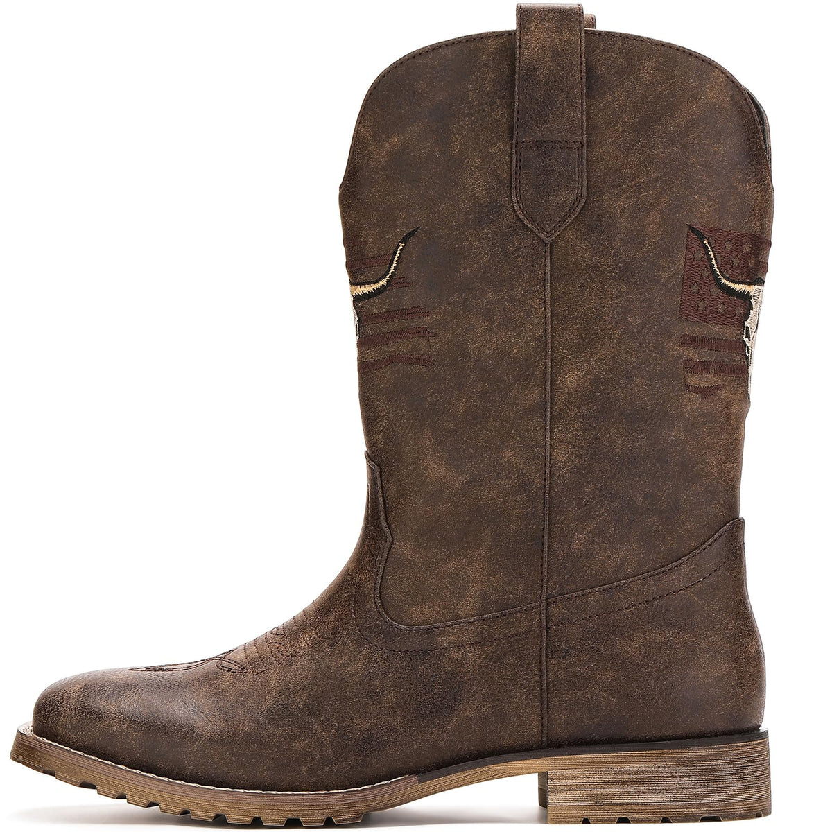 Vintage Distressed Brown Square Toe Mid-Calf Cowboy Boots I3230