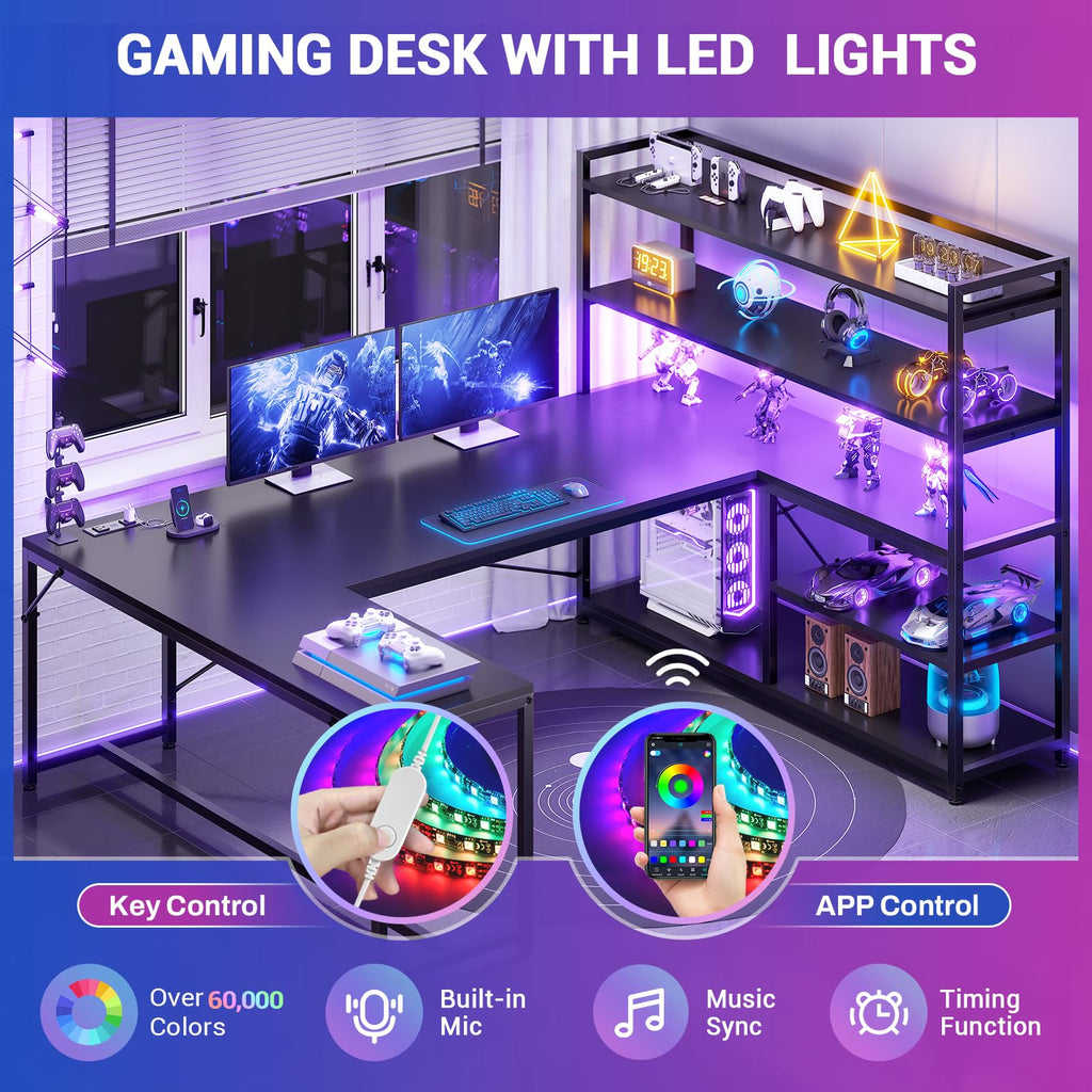 Black L Shaped Gaming Desk with Power Outlet and Storage Shelves F1368