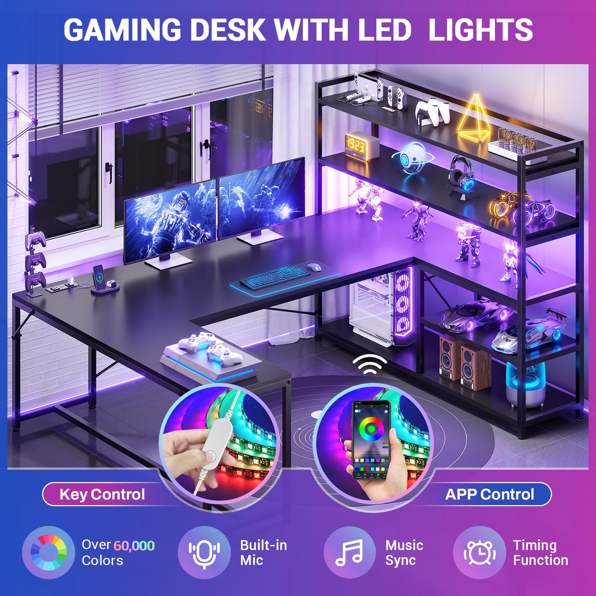 Black L Shaped Gaming Desk with Power Outlet and Storage Shelves F1368