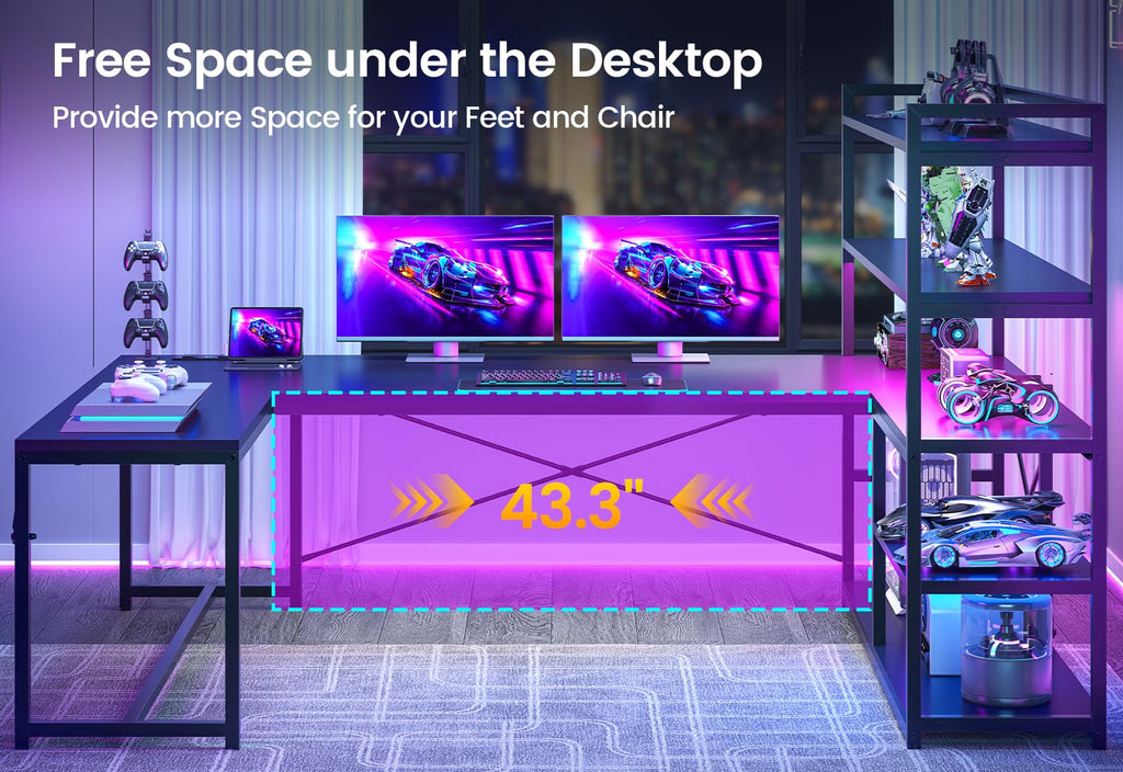 Black L Shaped Gaming Desk with Power Outlet and Storage Shelves F1368